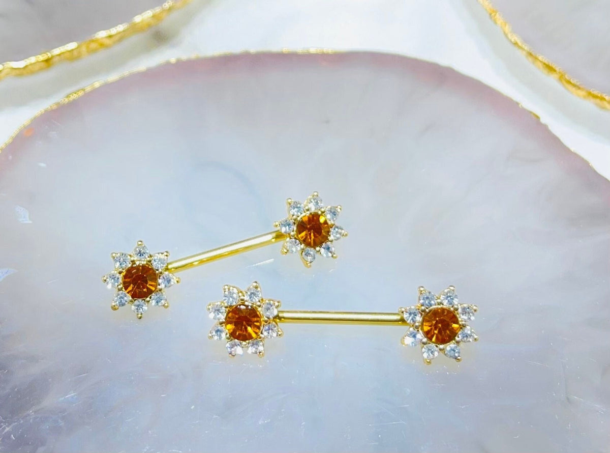 Pair of 14G Gold Clear Gems Sunflower Ends Nipple Barbells