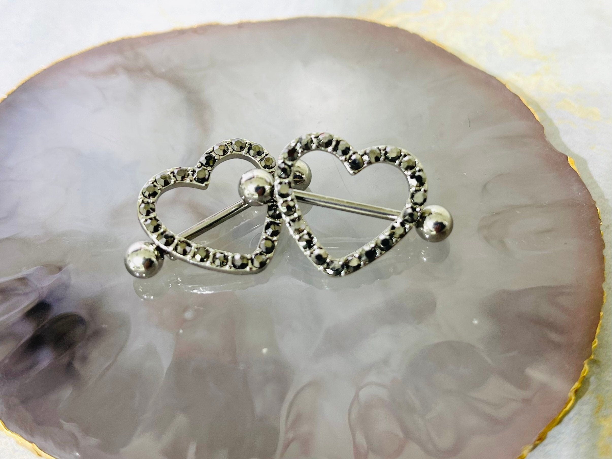 14G Silver Sparkling Heart with Paved Black Crystals Stones Nipple Barbells. Nipple Jewelry. Nipple Piercing.