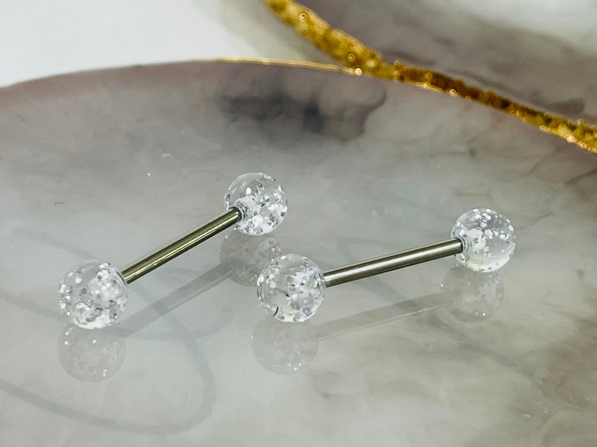 Pair of 14G Clear Glitter Ball Ends Nipple Barbell