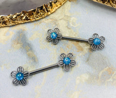 14G Silver Flower with Blue Glitter Opal in Center Nipple Barbells. Nipple Piercing. Nipple Jewelry.