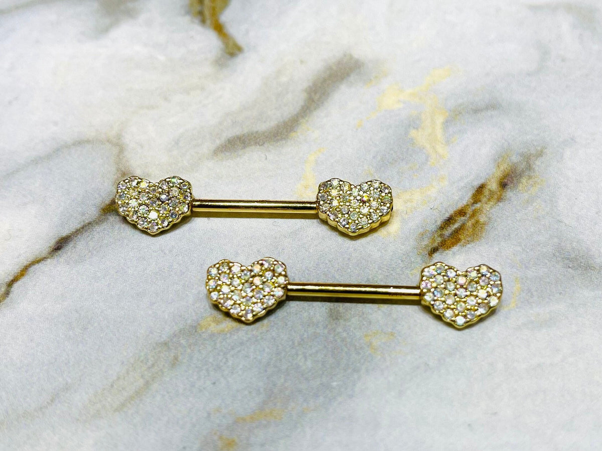 Pair of 14G Gold Sparkling Multicolor Stones Heart Shape Nipple Barbells. Nipple Rings. Nipple Piercing. Nipple Jewelry