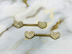 Pair of 14G Gold Sparkling Multicolor Stones Heart Shape Nipple Barbells. Nipple Rings. Nipple Piercing. Nipple Jewelry