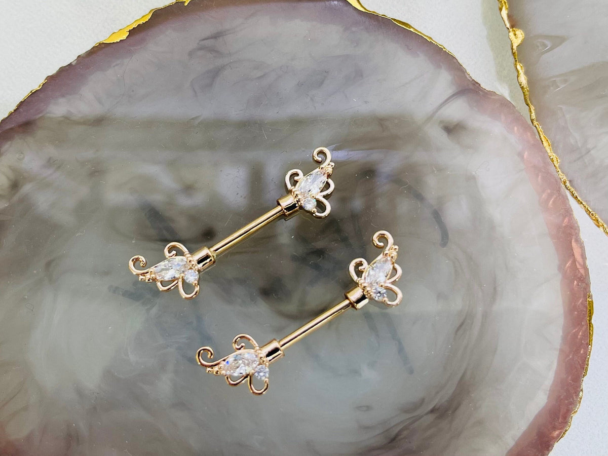 Pair of 14G Rose Gold Sparkling Clear Gem Floral Ends Nipple Barbell