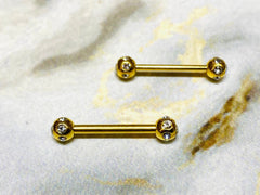 Pair of 14G Gold Nipple Barbells with Clear Stone Balls. Nipple Rings. Nipple Jewelry. Nipple Piercing.