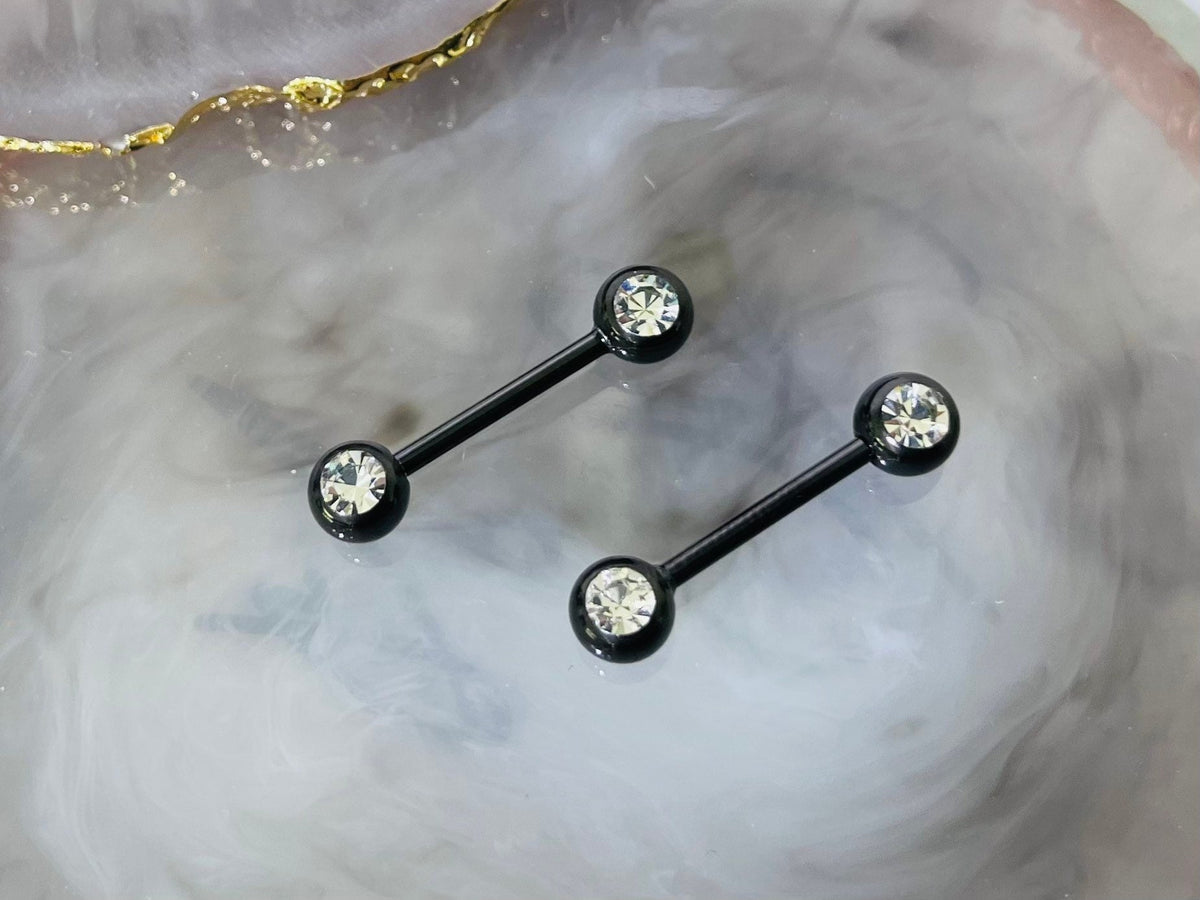 Pair of 14G Black Front Facing Clear Gems Nipple Barbell. Nipple Jewelry. Nipple Piercing.