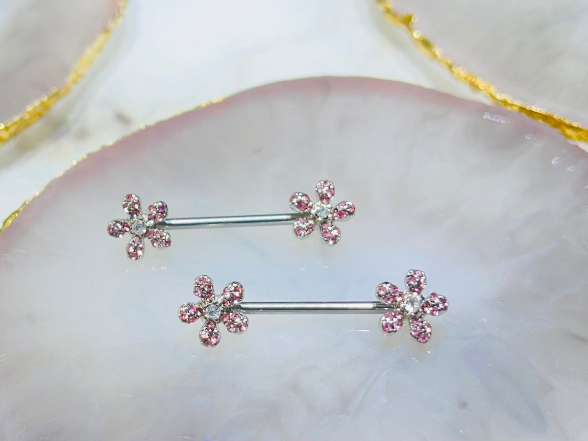 Pair of 14G Silver Sparkling Pink Flower Ends Nipple Barbell. Nipple Piercing. Nipple Jewelry