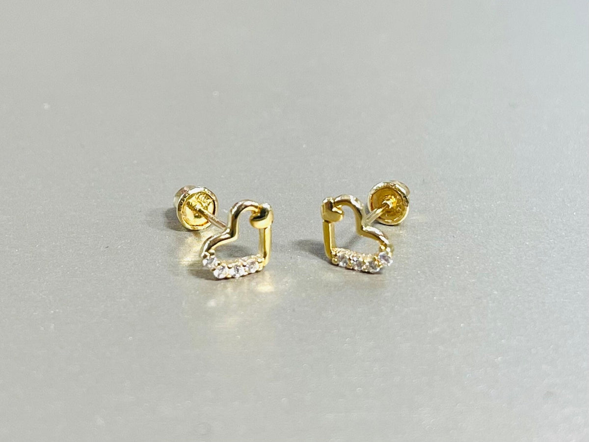 14K Gold Dainty Cute Heart in a Heart with Clear Stones Screw Back Earrings. 7mm Heart. 14K Gold Earrings. Cartilage Earrings.Body Jewelry.