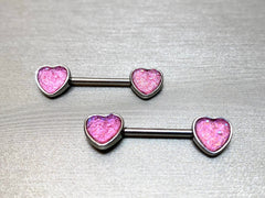 14G Silver Pink Druzy Stones Heart Shape Nipple Barbell. Nipple Piercings. Nipple Rings. Nipple Jewelry.