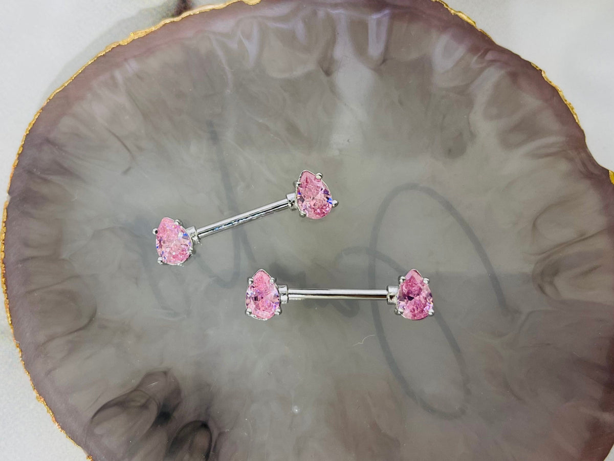 Pair of 14G Silver Teardrop Sparkling Pink Gems Nipple Barbells. Nipple Rings. Nipple Piercing. Nipple Jewelry. Body Jewelry