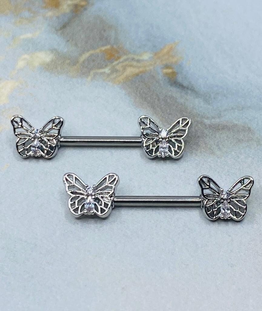 Pair of 14G Silver Butterly Ends with Clear Sparkling Stones Nipple Barbell. Nipple Rings. Nipple Piercing. Nipple Jewelry. Body Jewelry.