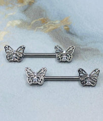 Pair of 14G Silver Butterly Ends with Clear Sparkling Stones Nipple Barbell. Nipple Rings. Nipple Piercing. Nipple Jewelry. Body Jewelry.