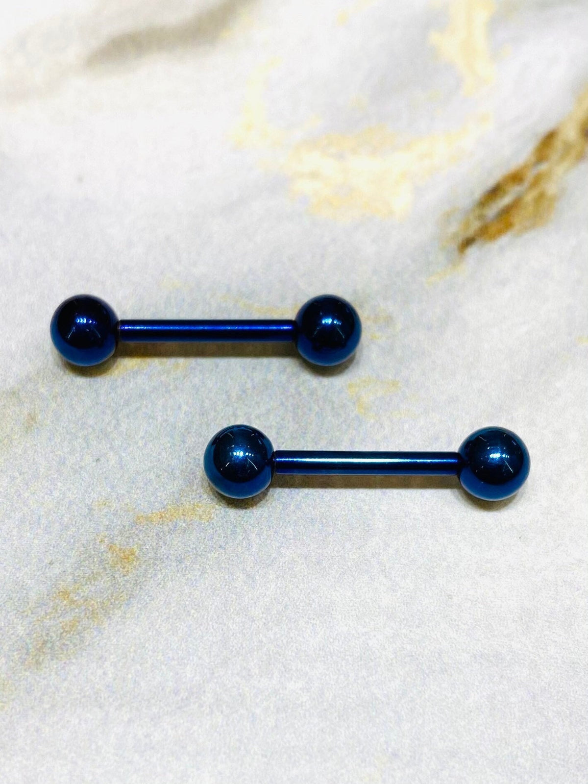 Pair of 14G Internally Threaded Implant Grade Titanium Plain Blue 12mm & 16mm Nipple Barbells. Nipple Rings. Nipple Jewelry. Nipple Piercing