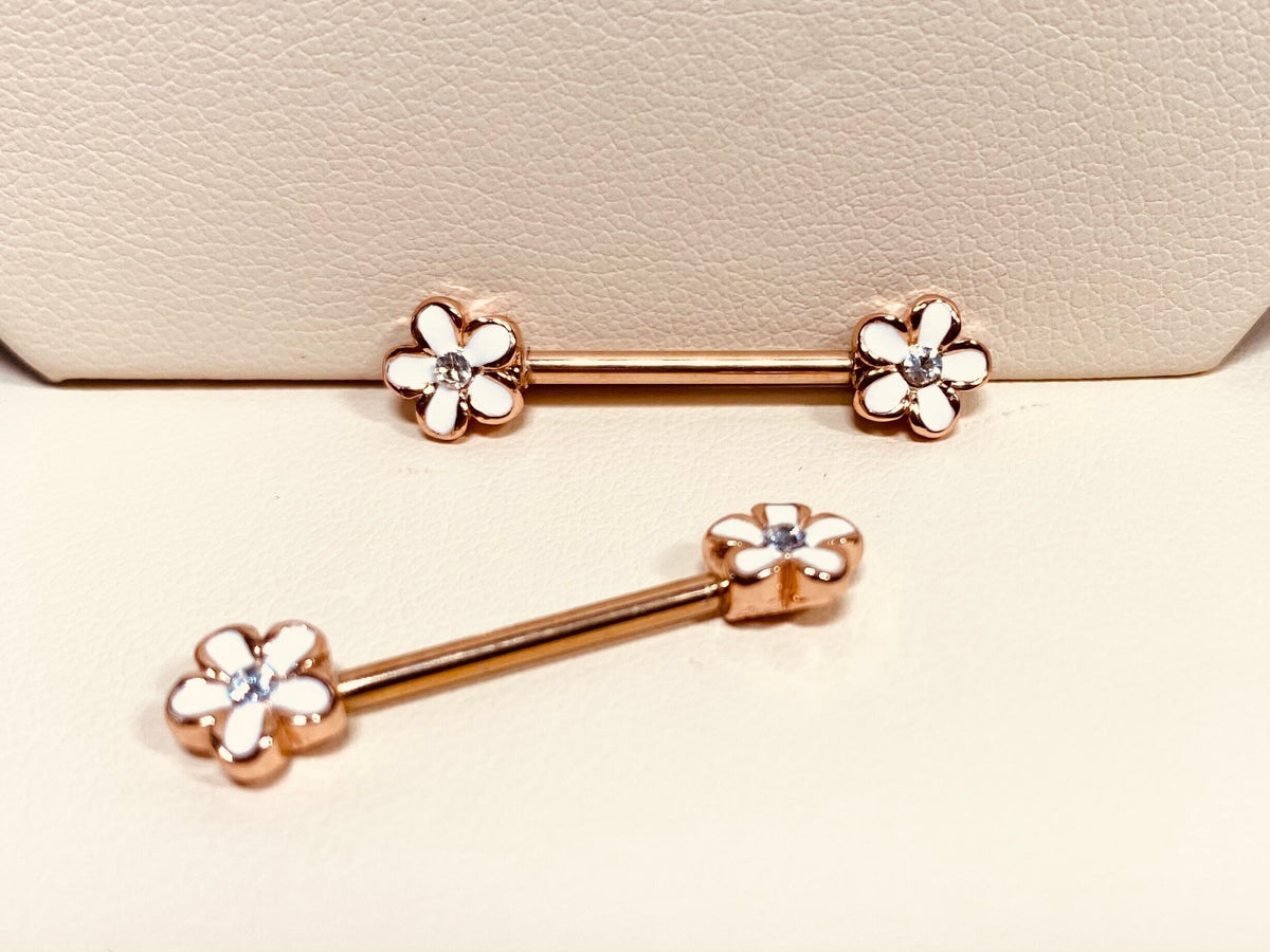 A set of Sparkling Rose Gold Plumeria Petal Flower Nipple Barbells. Nipple Piercings. Nipple Rings. Nipple Jewelry