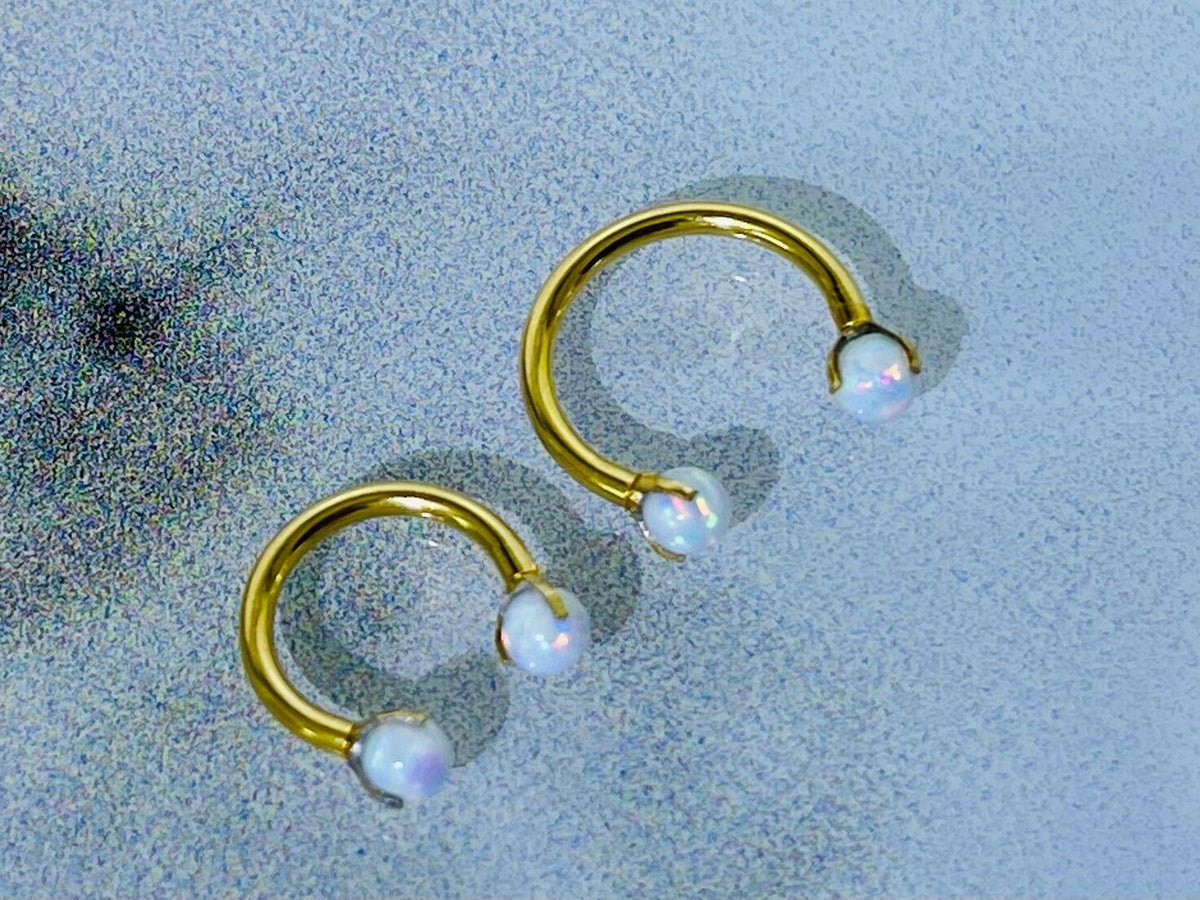 16G Gold Hoop with White Opal Ends 8MM 10MM Horseshoe Ring. Septum Ring. Cartilage Piercing.