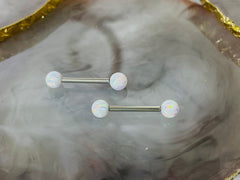 Pair of 14G Internally Threaded White Opal End Nipple Barbell. Nipple Rings. Nipple Piercing. Nipple Jewelry.