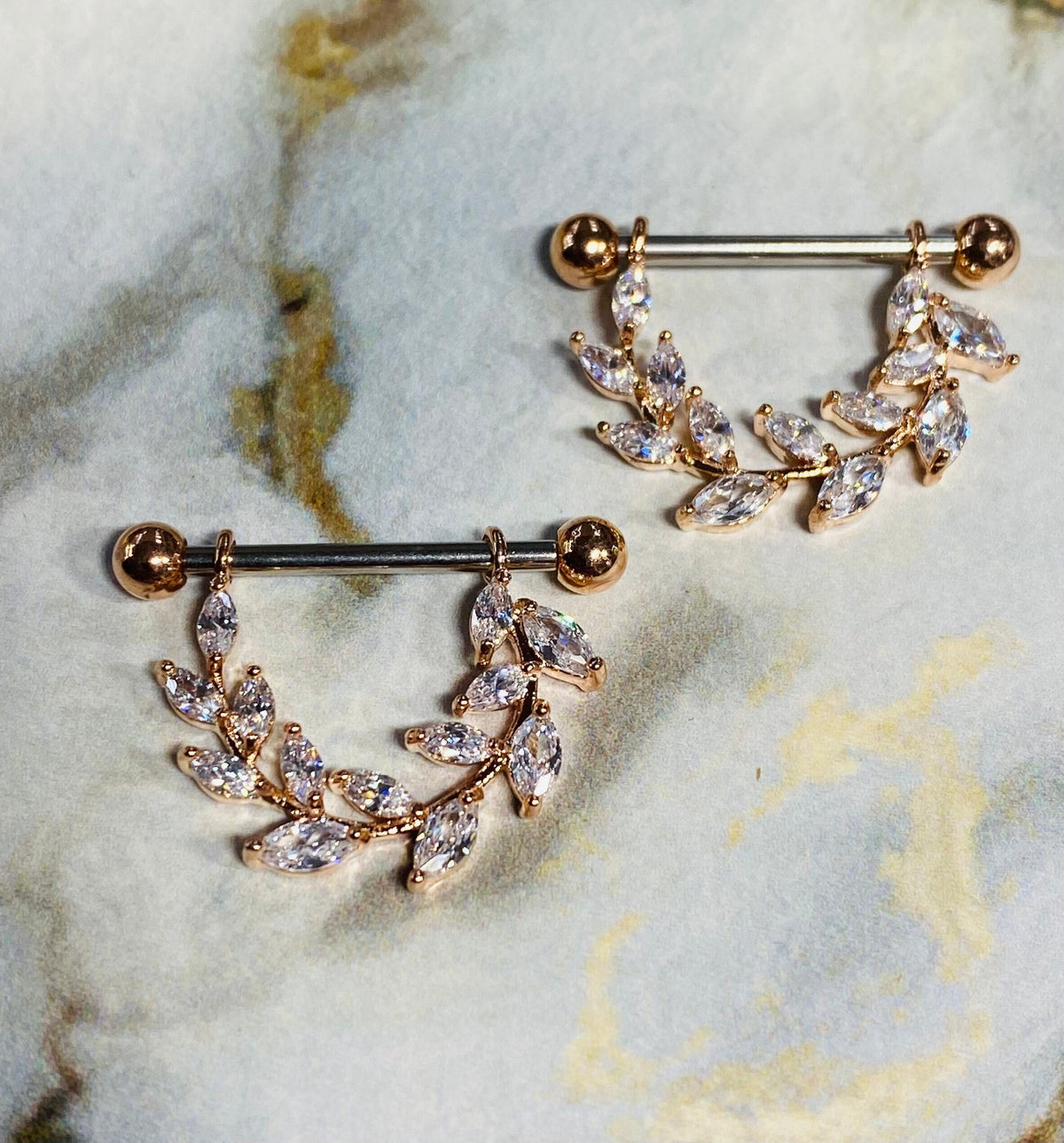 14G Rose Gold Clear Sparkling Marquise Stones Vine Nipple Barbell. Nipple Piercings. Nipple Jewelry. Nipple Rings