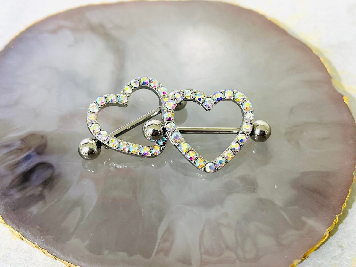 14G Silver Sparkling Heart with Paved Iridescent Crystal Stones Nipple Barbells. Nipple Jewelry. Nipple Piercing. Body Jewelry.