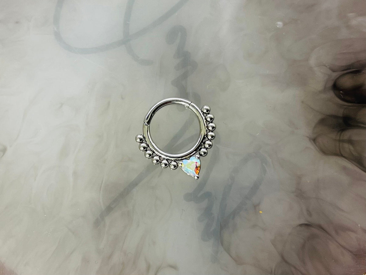 16G Silver Dainty Multicolor Heart Center Hinged Septum Clicker Ring