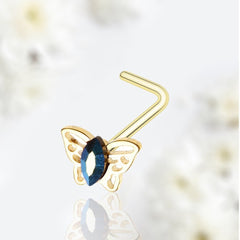 20G Gold Multicolor Gem Butterfly L Shape Nose Stud