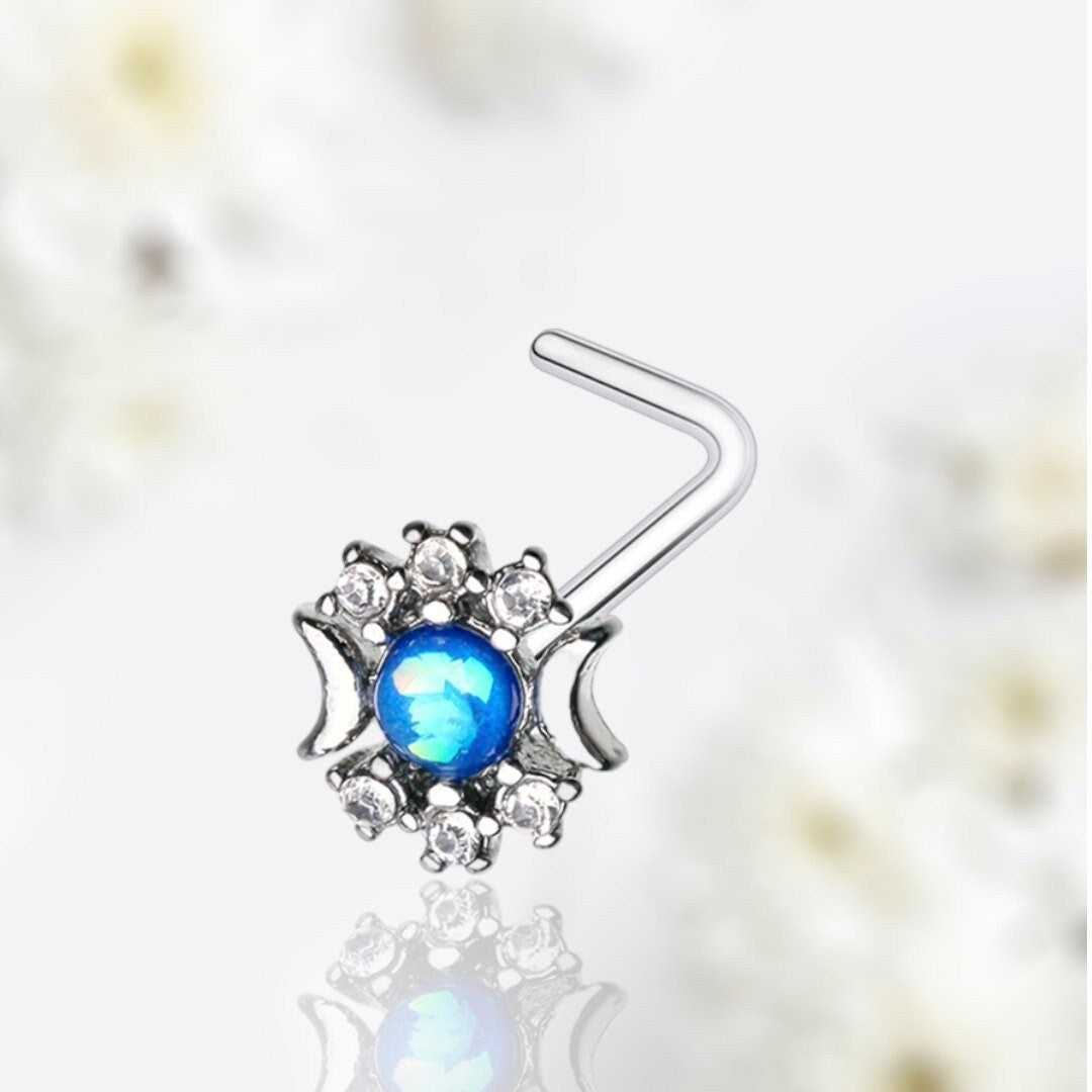 20G Blue Opal Crescent Moon L Shape Nose Stud