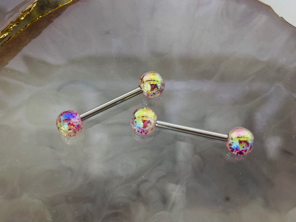 Pair of 14G Pink Iridescent Glitter Acrylic Ball Ends Nipple Barbells. Nipple Rings. Nipple Piercing. Nipple Jewelry.