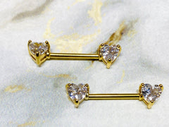 14G Prong Set Gold Heart Shape Nipple Barbells. Nipple Piercings. Nipple Rings. Nipple Jewelry