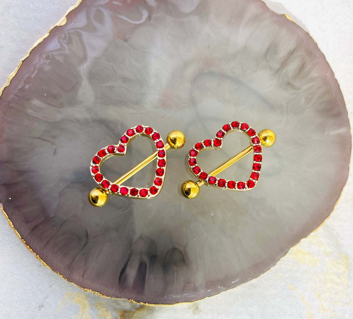 14G Gold Sparkling Heart with Paved Red Crystals Stones Nipple Barbells. Nipple Jewelry. Nipple Piercing.