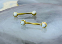 Pair of 14G Gold Internally Threaded White Opal End Nipple Barbell. Nipple Jewelry. Nipple Piercing. Nipple Rings.