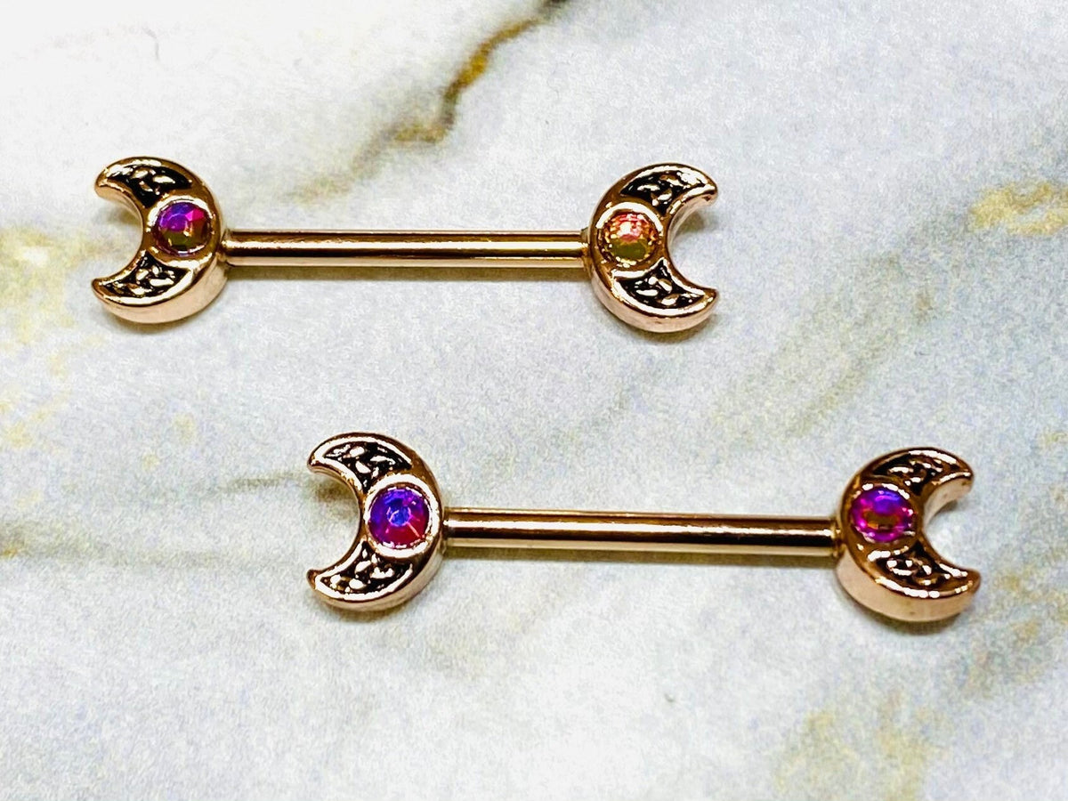 14G Rose Gold Treasure Celtic Moon Nipple Barbells. Nipple Piercings. Nipple Rings. Nipple Jewelry.