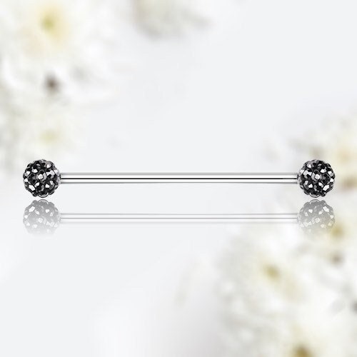 14G Industrial Barbell with Sparkling Black Cluster Stones. Industrial Piercing. Industrial Barbell.