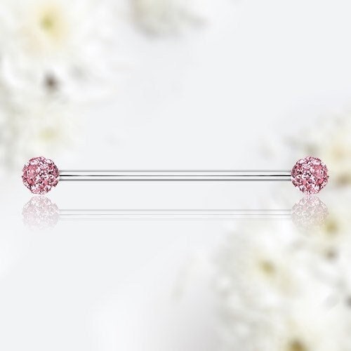 14G Industrial Barbell with Sparkling Pink Cluster Stones