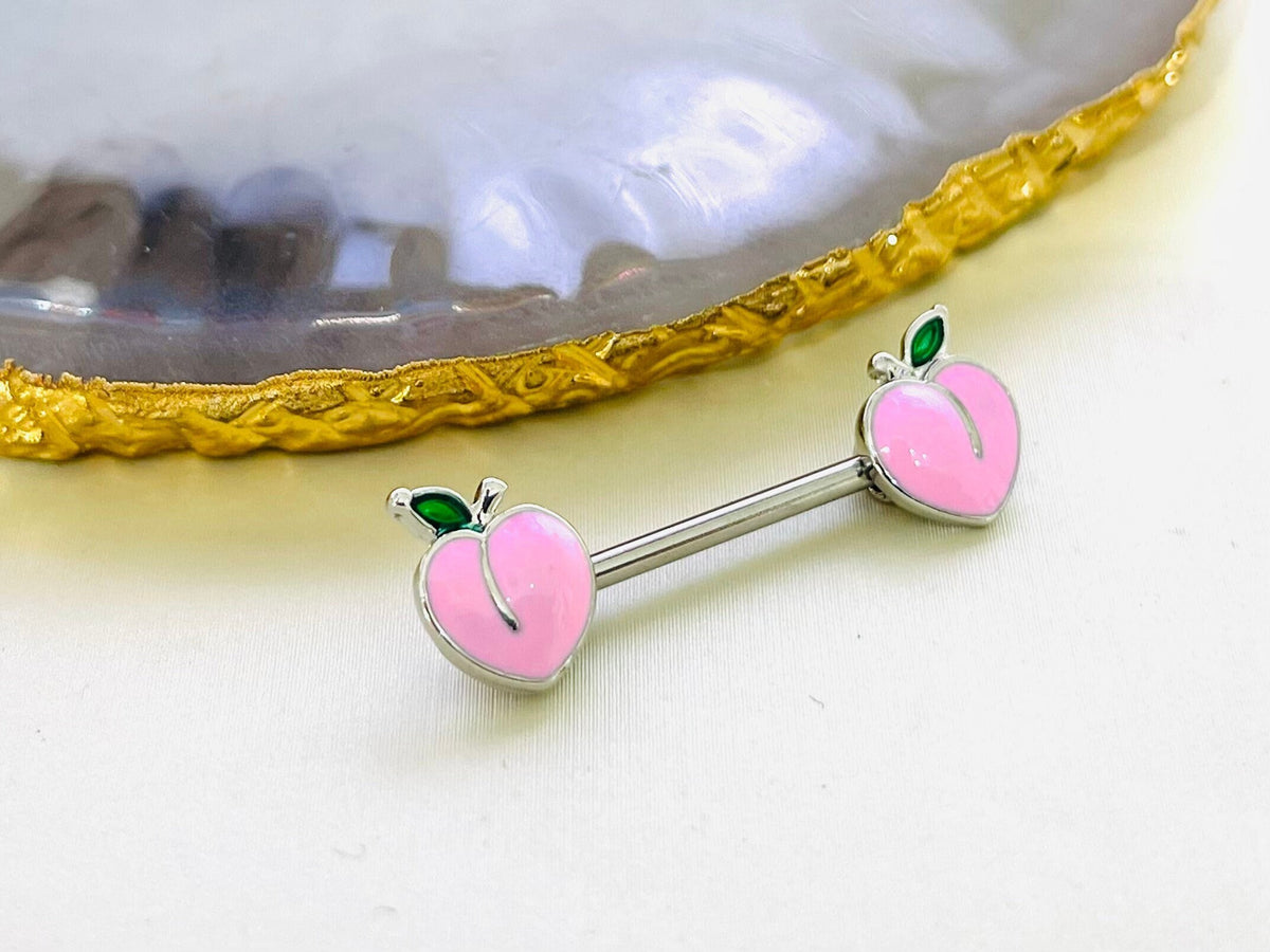 Pair of 14G Silver Pink Enamel Peach Ends Nipple Barbell