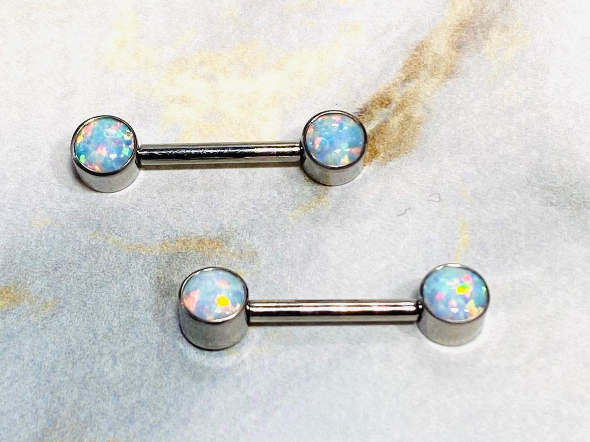 14G Implant Grade Titanium Internally Threaded White Opal Nipple Barbells. Nipple Rings. Nipple Piercings. Nipple Jewelry.