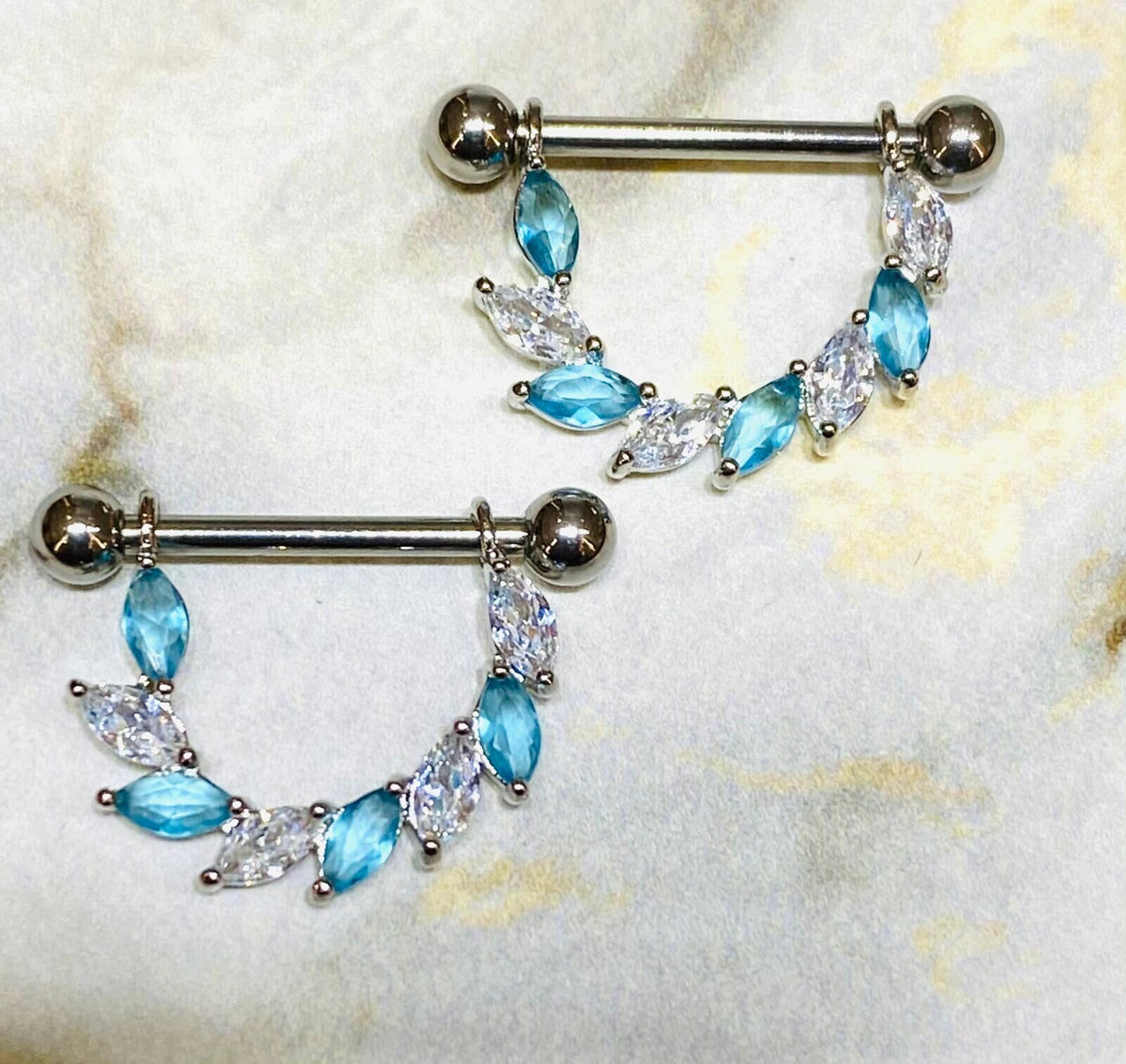 14G Silver Blue & Clear Sparkling Marquise Stones Vine Nipple Barbell. Nipple Piercings. Nipple Jewelry. Nipple Rings