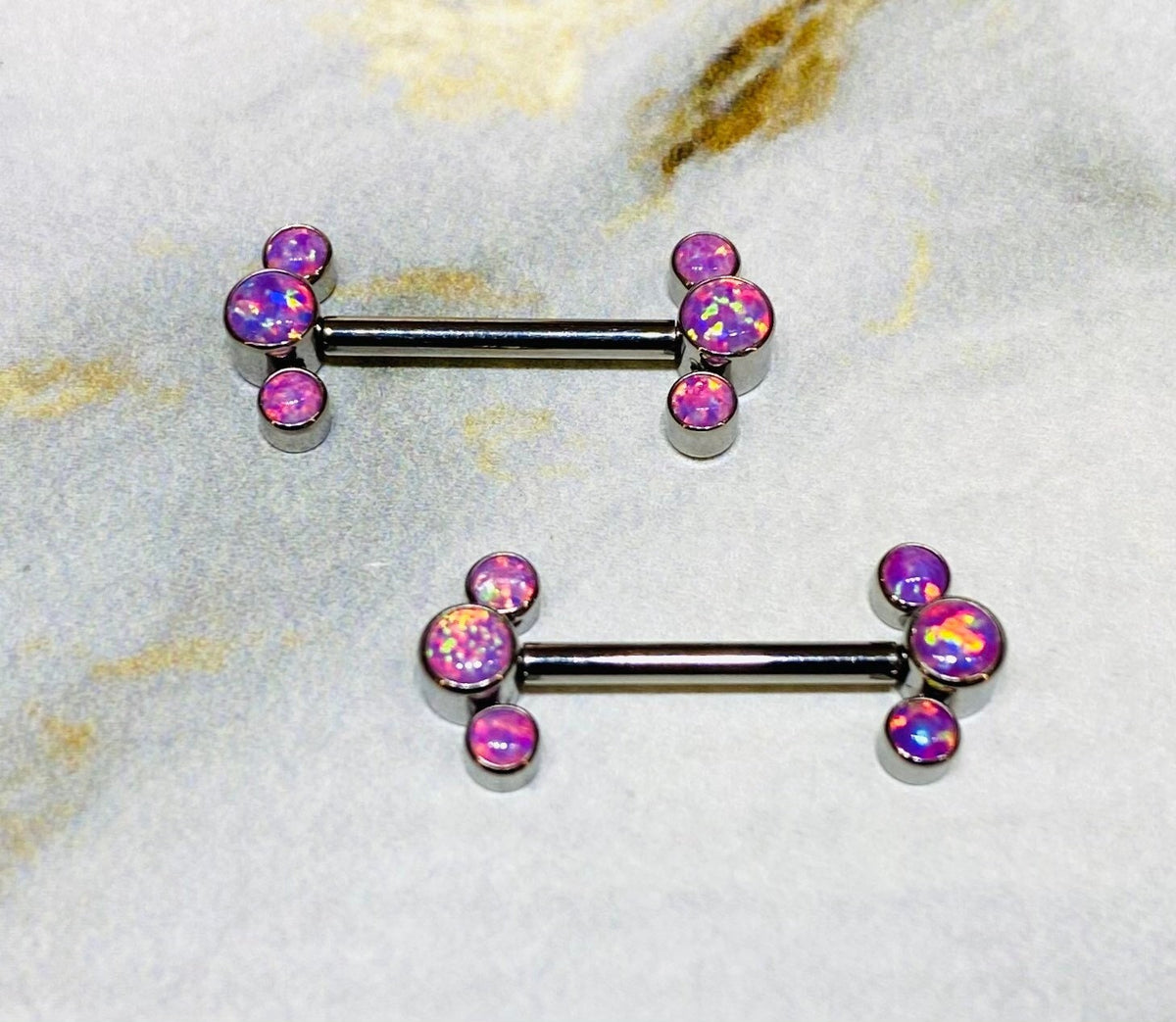 Pair of 14G Implant Grade Titanium Internally Threaded Pink Opal Nipple Barbells. Nipple Piercing. Nipple Jewelry. Nipple Barbells