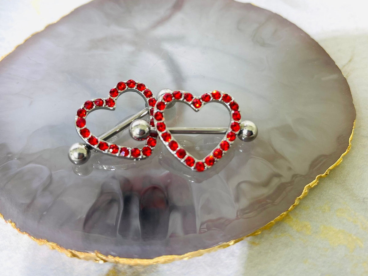 14G Silver Sparkling Heart with Paved Red Crystals Stones Nipple Barbells. Nipple Jewelry. Nipple Piercing.