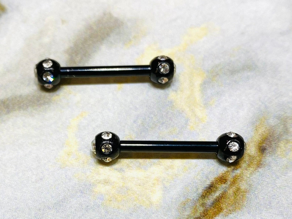 Pair of 14G Black Nipple Barbells with Clear Stone Balls. Nipple Rings. Nipple Jewelry. Nipple Piercing.