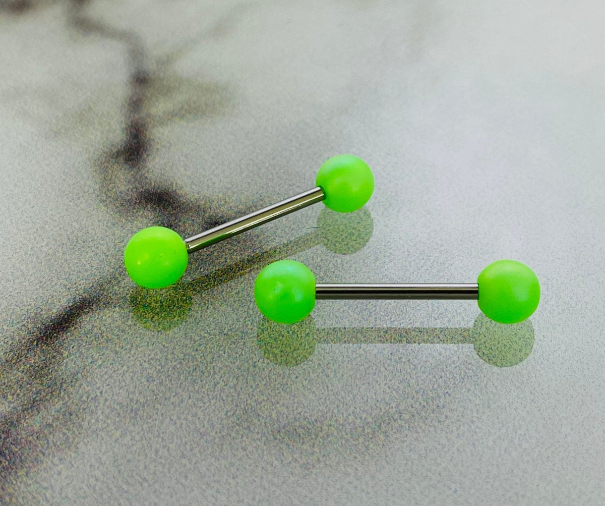 Pair of 14G Matte Finish Neon Green Ball End Nipple Barbell. Nipple Piercing. Nipple Rings. Nipple Jewelry