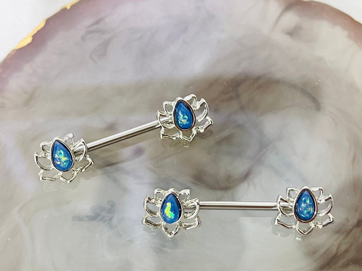 Pair of 14G Blue Opal Lotus Ends Nipple Barbell. Nipple Rings. Nipple Piercing. Nipple Jewelry.