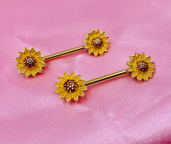 14G Yellow Sunflower Ends Nipple Barbells. Nipple Piercing. Nipple Jewelry.