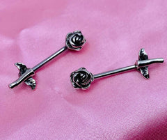 Pair of 14G Antique Silver Rose Flower Stem Nipple Barbells. Nipple Jewelry. Nipple Piercing.