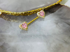 Pair of 14G Surgical Steel Gold Pink & Clear Gem Heart Nipple Barbell. Nipple Rings. Nipple Piercing. Nipple Jewelry.