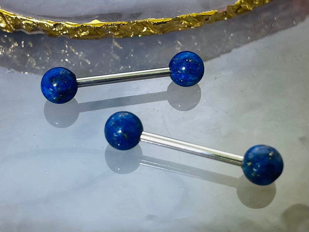 Pair of 14G Sodalite Blue Natural Stone Balls Nipple Barbell. Nipple Rings. Nipple Piercing. Nipple Jewelry