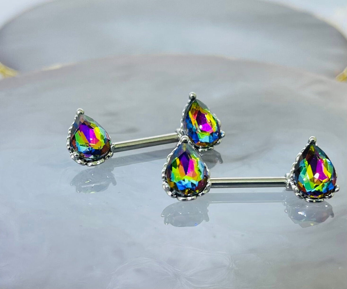 Pair of 14G Sparkling Multicolor Effect Teardrop Stones Nipple Barbells. Nipple Piercing. Nipple Rings. Nipple Jewelry