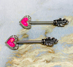 14G Pink Opal Glitter Heart Arrow with Feather End Nipple Barbell. Nipple Piercings. Nipple Rings. Nipple Jewelry