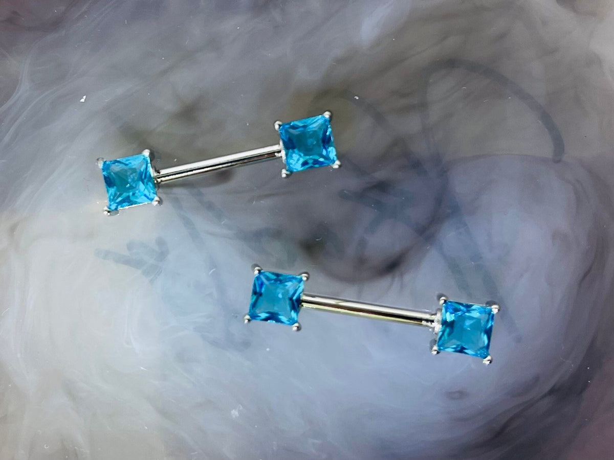 Pair of 14G Silver Sparkling Blue Square Stone Nipple Barbell. Nipple Jewelry. Nipple Piercing.