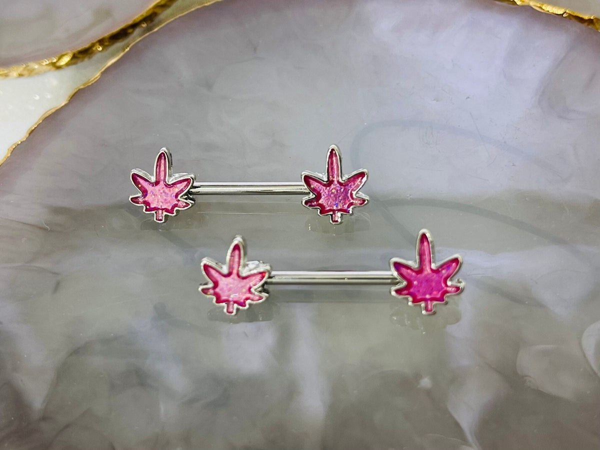 Pair of 14G Silver Pink Glitter Marijuana Leaf Nipple Barbell.