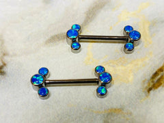 Pair of 14G Implant Grade Titanium Internally Threaded Blue Opal Nipple Barbells. Nipple Piercing. Nipple Jewelry. Nipple Barbells