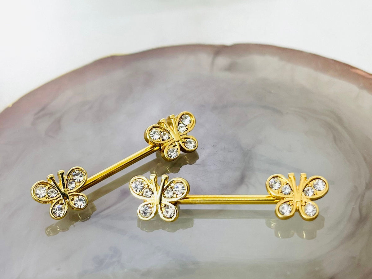 Pair of 14G Gold Clear Stones Butterfly Ends Nipple Barbell. Nipple Rings. Nipple Piercing. Nipple Jewelry