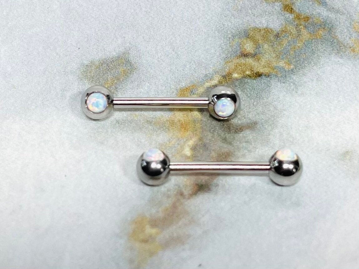 Pair of 14G Internally Threaded Bezel Setting White Opal Stone Nipple Barbells. Nipple Rings. Nipple Piercing. Nipple Jewelry